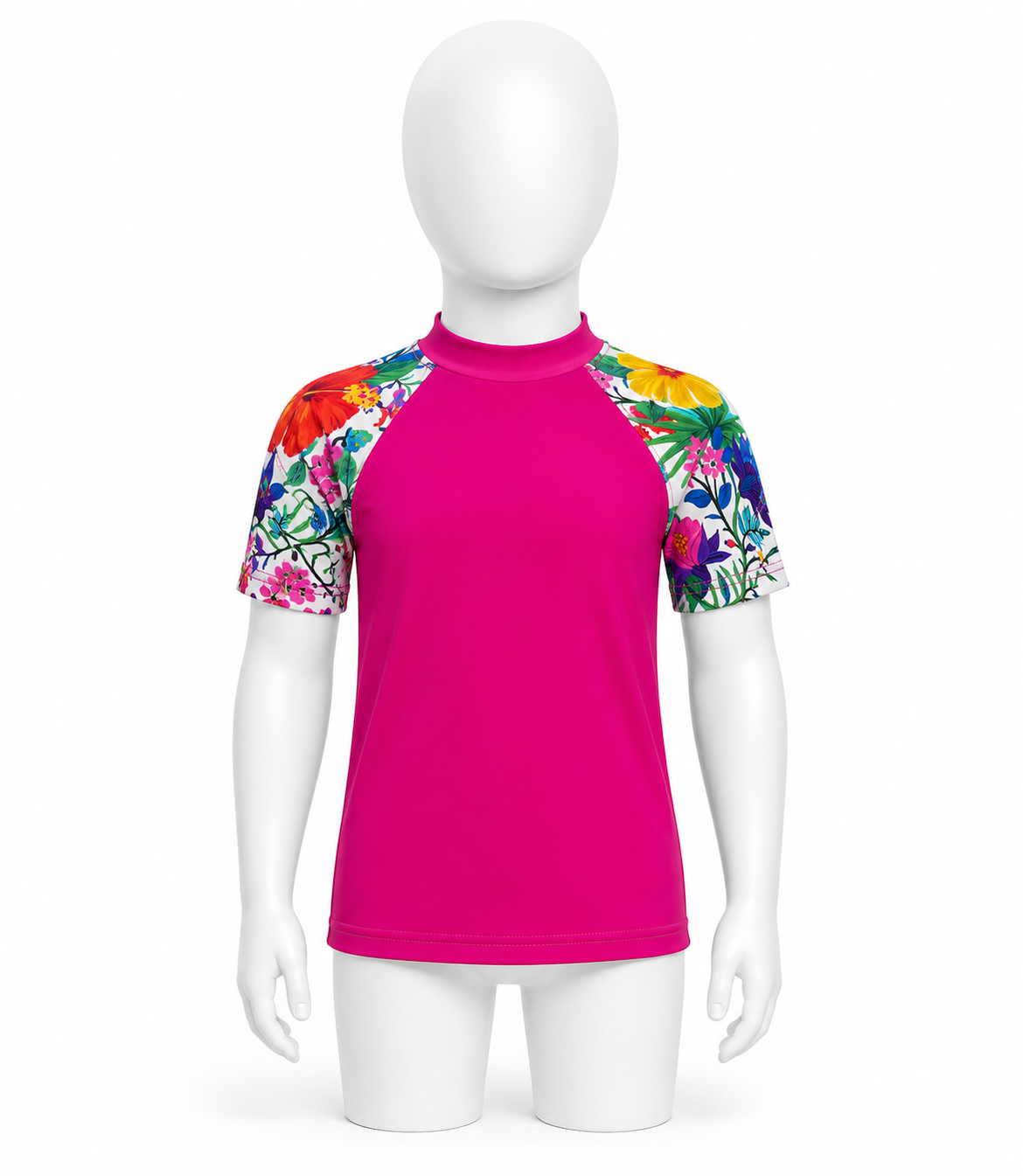 Pink rash guard with colorful sleeves on a mannequin against a white background (Colour: PNK)