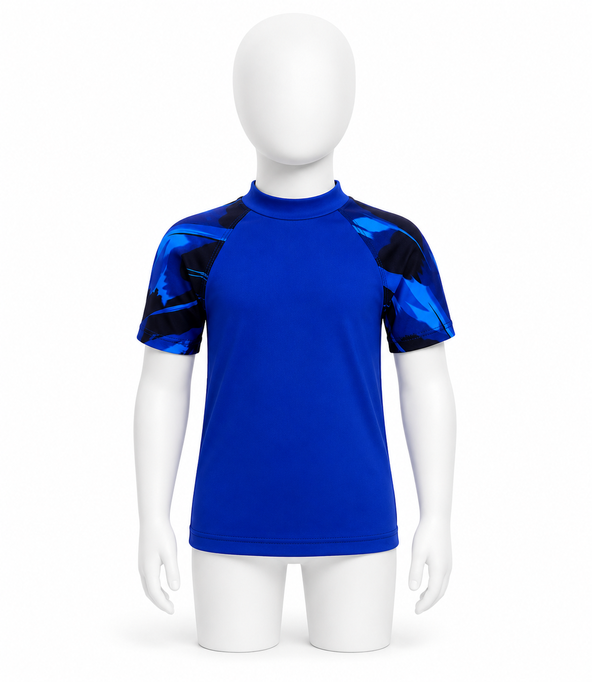 Blue and black short-sleeve shirt on a mannequin with a white background