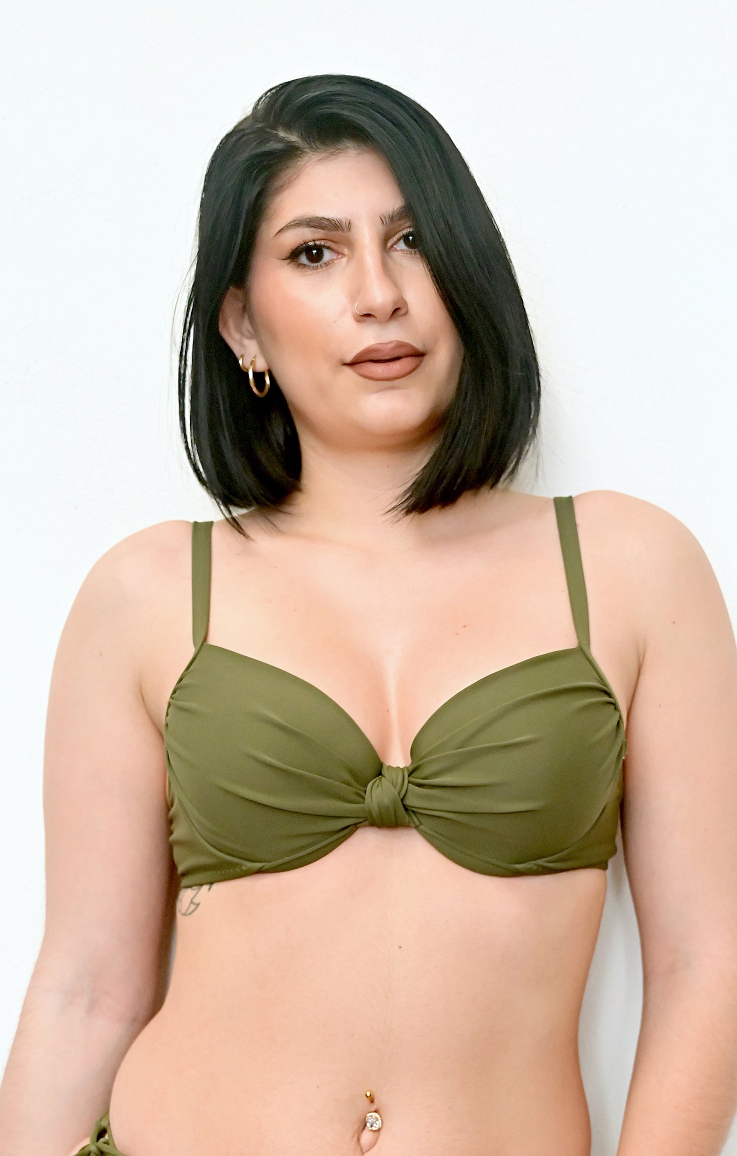 Khaki twist top bikini worn by a sunlover swimwear model (Colour: BOS)