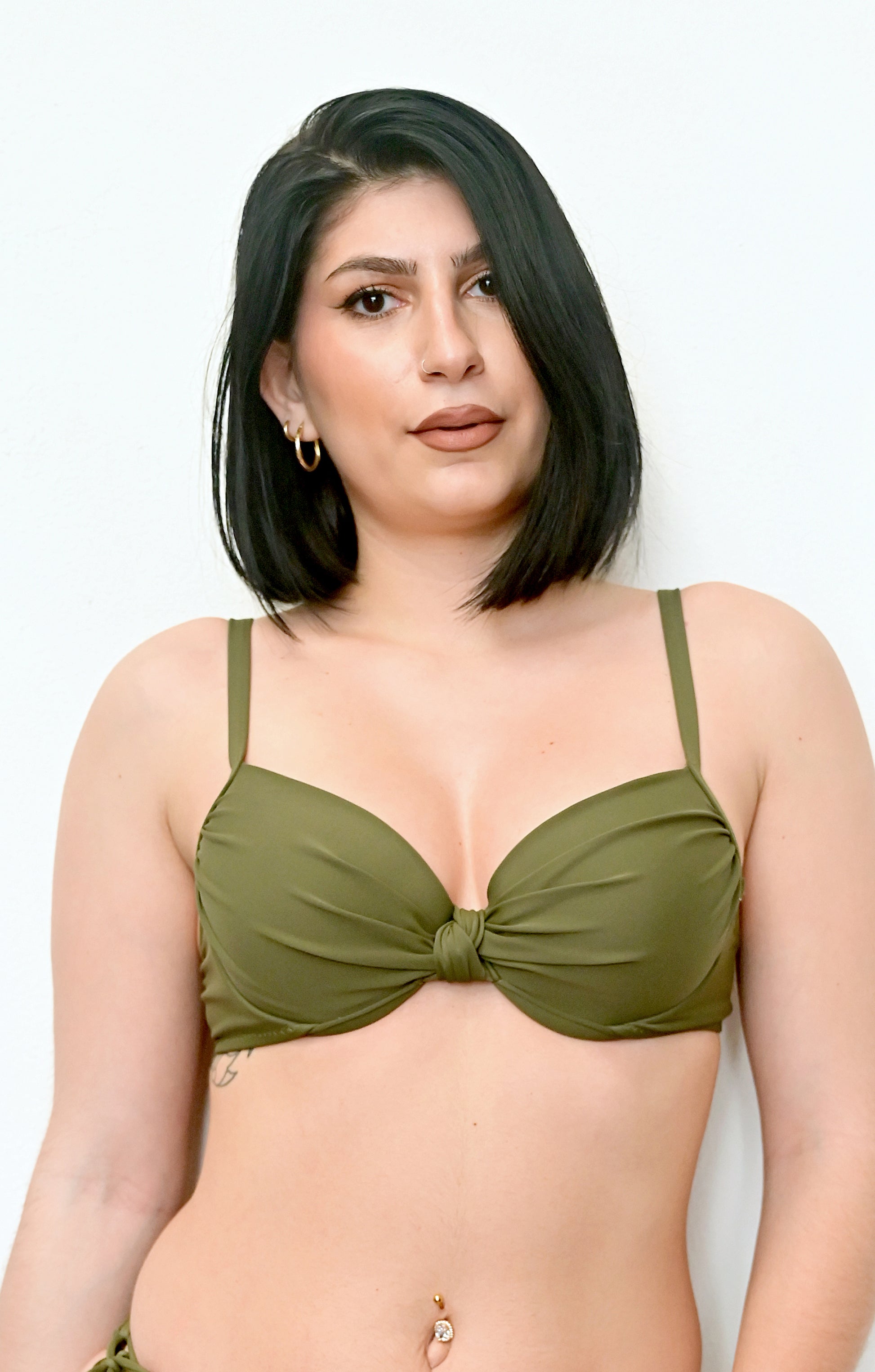 Khaki twist top bikini worn by a sunlover swimwear model (Colour: BOS)