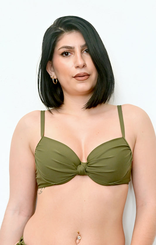 Khaki twist top bikini worn by a sunlover swimwear model (Colour: BOS)