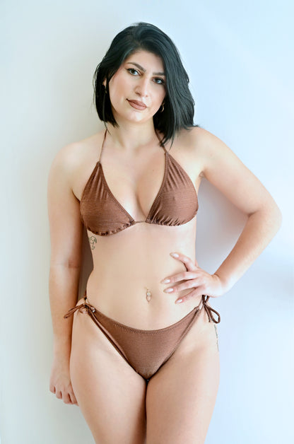 Sunlover Swimwear model wearing a chocolate brown lurex triangle lurex bikini against a white background (Colour: LCHO)
