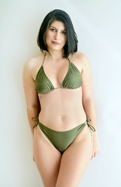 Sunlover Swimwear model wearing a bosque lurex triangle lurex bikini against a white background (Colour: LSEA)