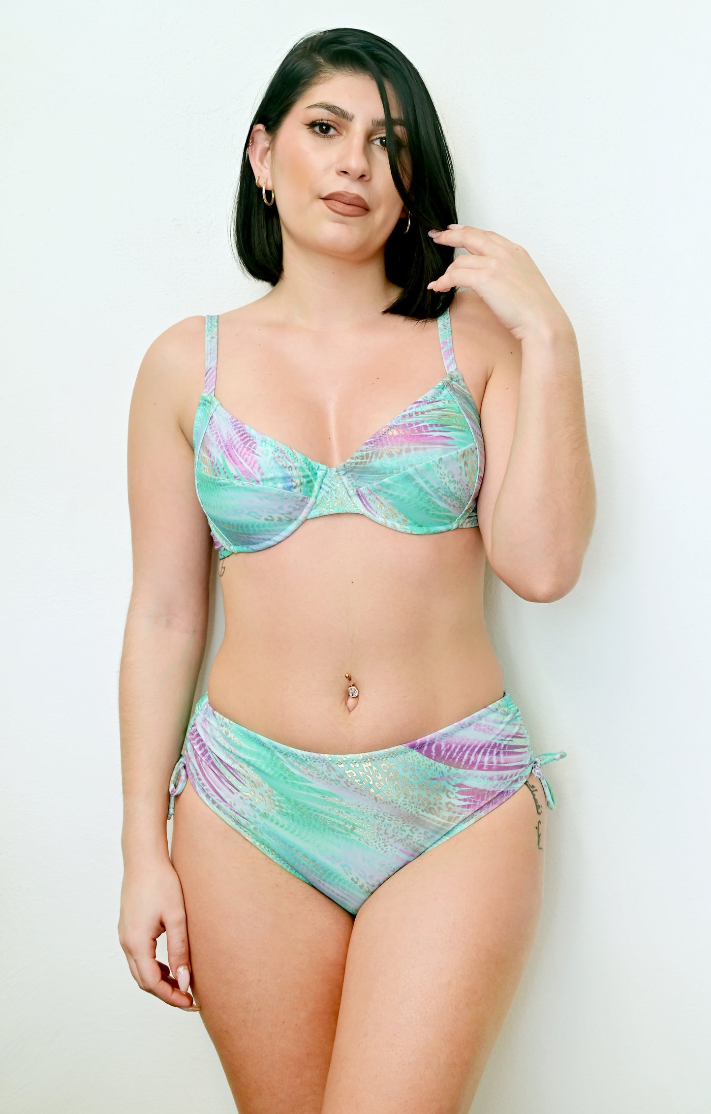 Sunlover Swimwear model wearing an elegant blue and green patterned bikini against a white background (Colour: P23)