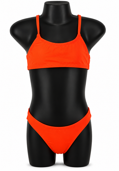 Orange halter neckbikini set on a black mannequin against a white background (Colour: ORA)