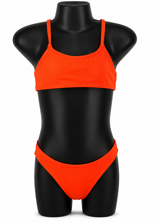 Orange halter neckbikini set on a black mannequin against a white background (Colour: ORA)