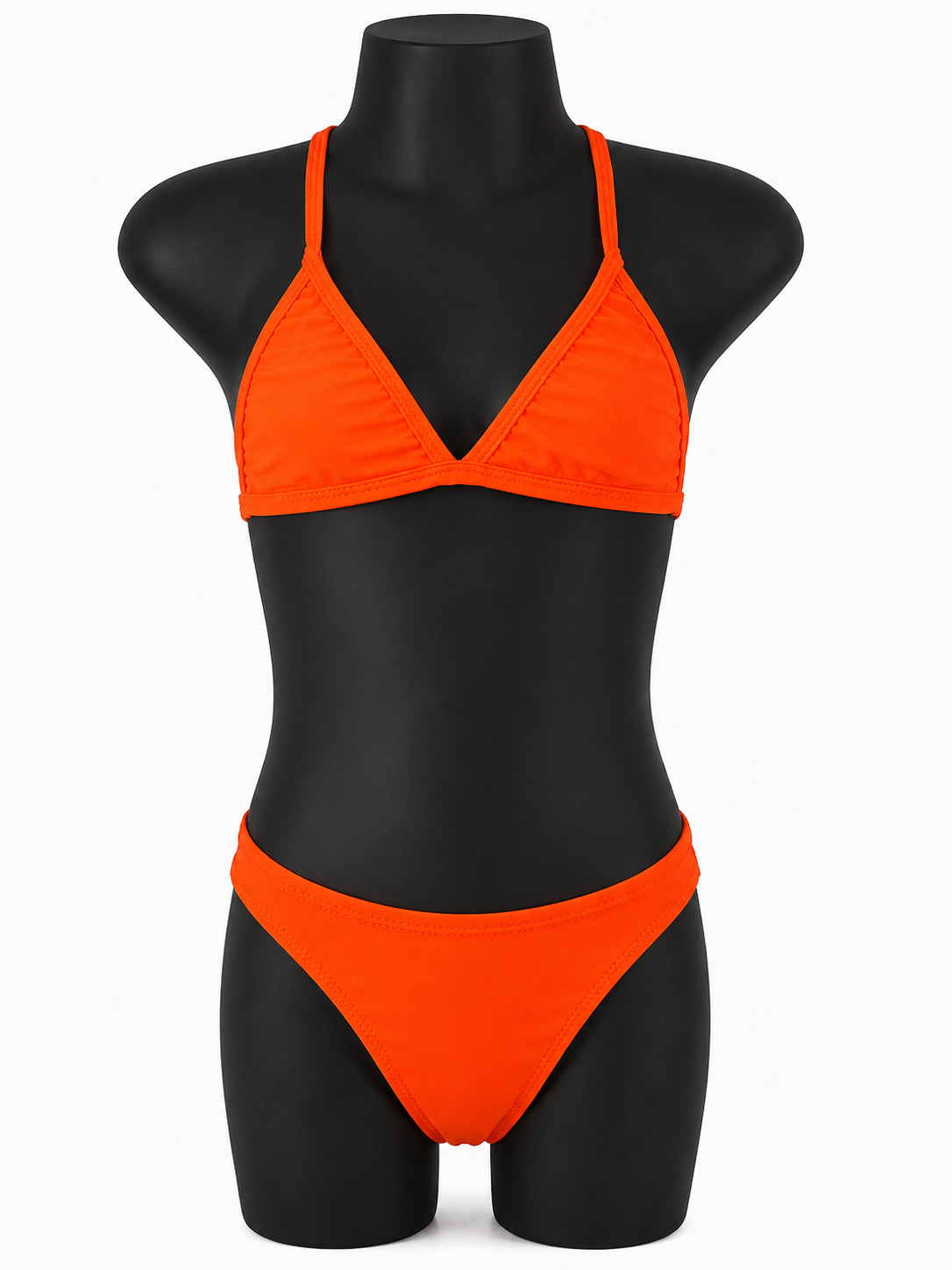 Kid's orange triangle bikini set on a black mannequin against a plain background (Colour: ORA)